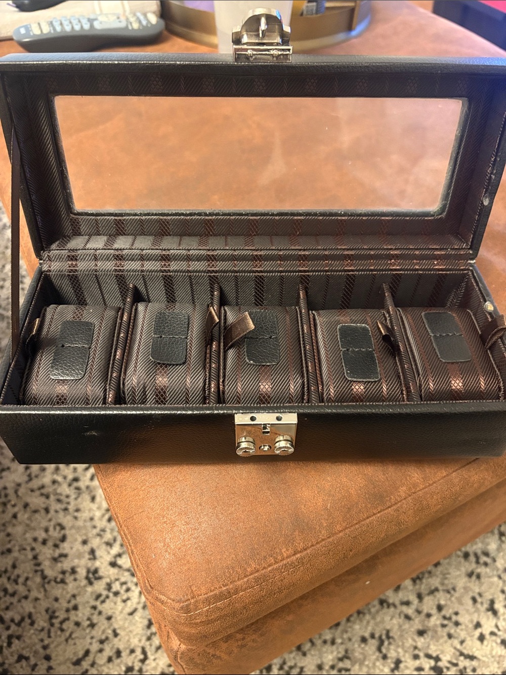 Black Leather 5-Slot Watch Case with Brown Lined Interior